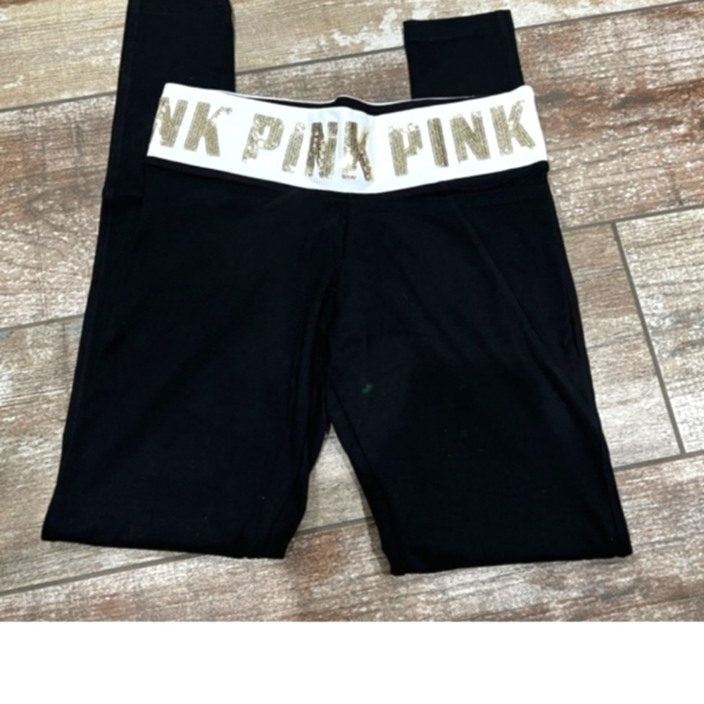 PINK Victoria Secret Black Stretch Yoga Pants With Teal And Silver "Pink" Logo